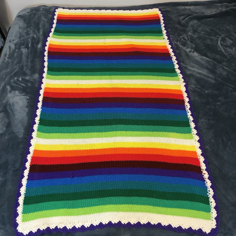 Rainbow Vintage Handmade Crocheted Lap Blanket Accent Piece Decor
